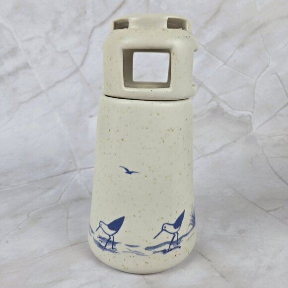 Vintage Sanibel Pottery 1984 Lighthouse Candle Holder Seabirds Cream Blue - Picture 4 of 14